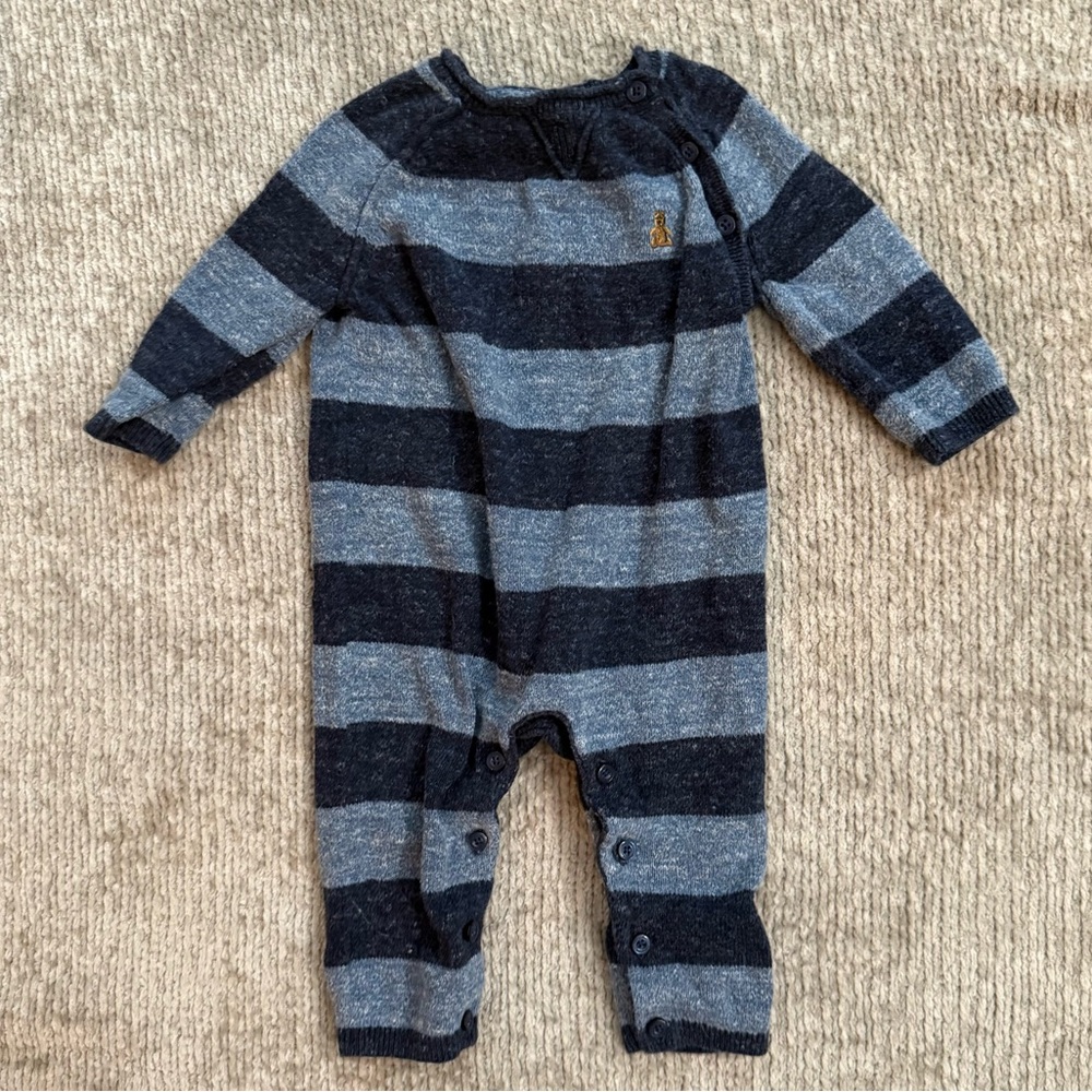 Baby Gap Knit Striped Romper 3-6M Navy Blue Gray Blue Teddy Bear One-Piece Rugby